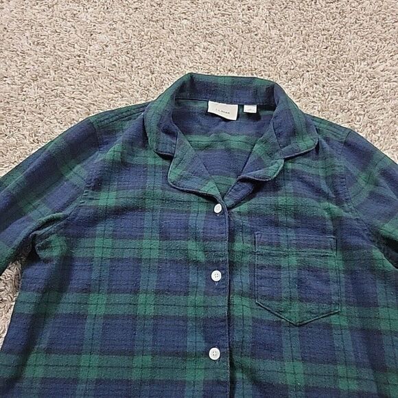 LL Bean Flannel Pajama Top Women Size Small Green Scotch Plaid Button Up - Picture 3 of 8